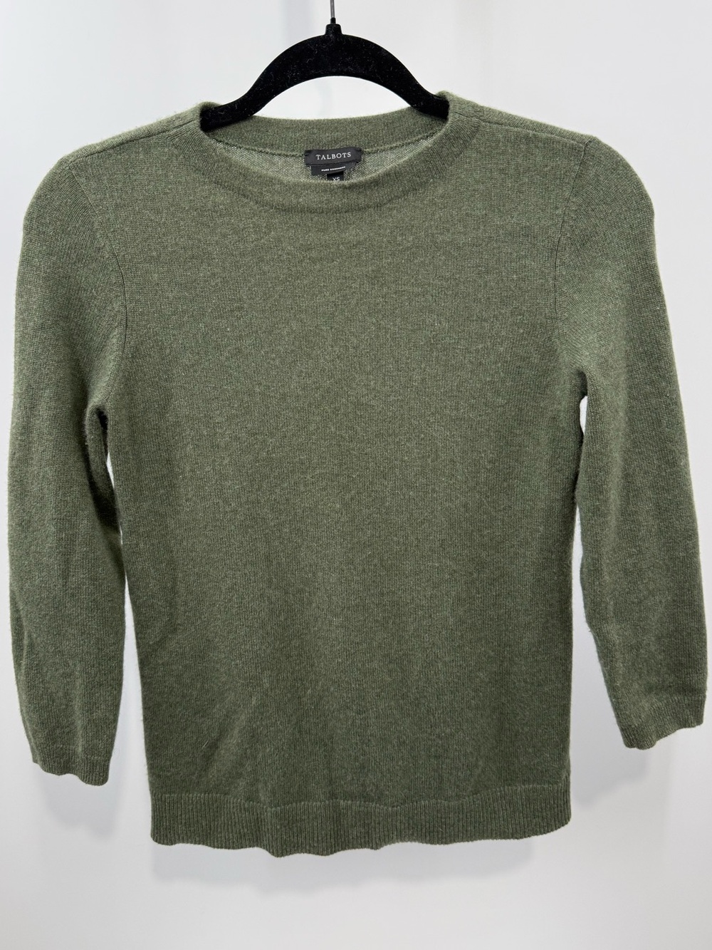 Talbots Pure Cashmere Crewneck Pullover Sweater 3/4 Sleeve Olive Green Size XS